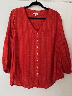 J. Jill Red Button-Front V-Neck Blouse